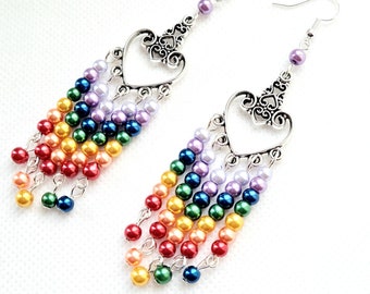 Chandelier earrings, rainbow jewellery, filigree earrings, dangle drop, gift for birthday, for her