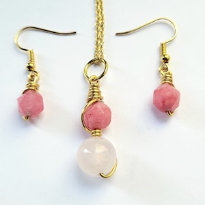 Gemstone jewellery, Rose quartz and jade necklace and earring, semi precious stone set, dangle drop, gift for birthday, for her