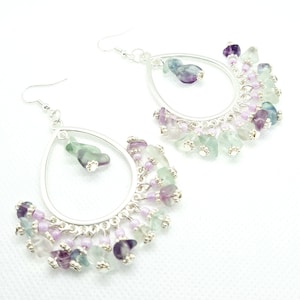 Gemstone Chandelier earrings, stone jewellery, flourite dangle drop earrings, semi precious, gift for birthday, for her