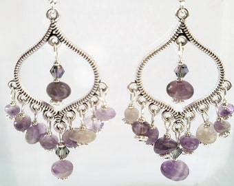 Amethyst Chandelier earrings, stone dangle drop, purple filigree jewellery, birthday gift for her