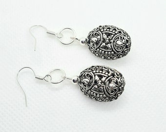 Bohemian filigree earrings, black or silver filigree earrings, dangle drop, gift for birthday, for her