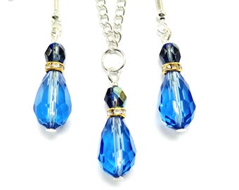 Handgemachte Blaue Kristall Teardrop Schmuck Set, Silber überzogene Halskette Ohrringe