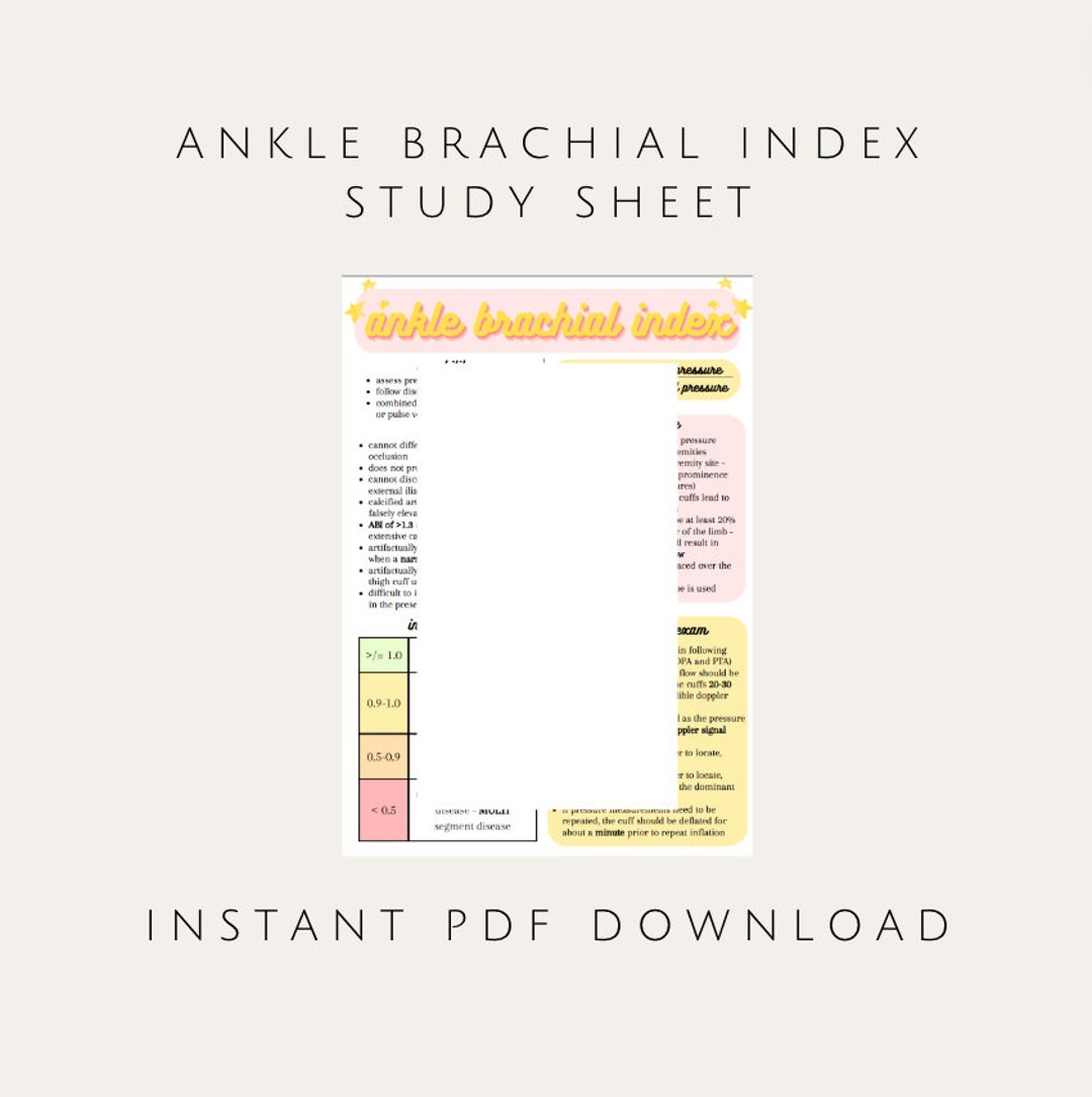 Ankle Brachial Index Study Sheet Vascular Sonography Etsy