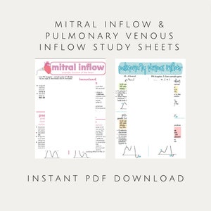 Pode incluir: Duas folhas de estudo coloridas com diagramas e texto sobre o fluxo mitral e o fluxo venoso pulmonar. As folhas são intituladas "Mitral Inflow" e "Pulmonary Venous Inflow" e incluem informações sobre a função diastólica do coração, o fluxo prejudicado e as medições Doppler.