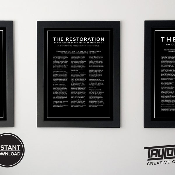 Proclamation To The World: The Family Proclamation, The Restoration, The Living Christ, The Articles of Faith, Printable Set of 4, LDS