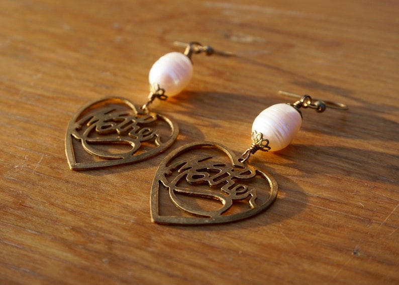 Upcycled Brass Dangles Vintage Mother Pearl Charm Earrings