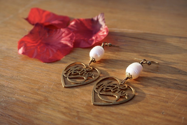 Upcycled Brass Dangles Vintage Mother Pearl Charm Earrings