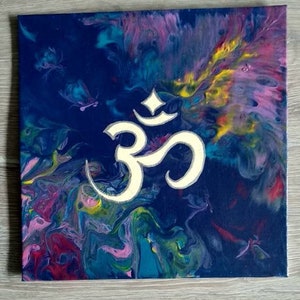 Om - Original abstract painting colorful in acrylic pouring - Small unique work of art with symbol Zen Ohm