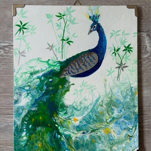 Pfau Unikat Vogel Malerei in origineller Technik Acryl Pouring / Fluid Art und Mischtechnik moderne Kunst