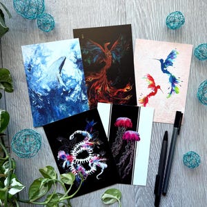 Mini Artprints Postkarten Set Fantasy Tiere Bunt Pouring modern Schlange Vogel Phönix Blumen Dark Art Kolibri Skizze