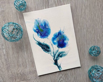 Blue Flowers Acryl Pouring Kleine Malerei auf kleinem Format - Flower Dip Original