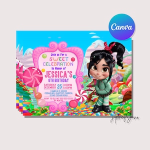 Convite digital de aniversário, convite de aniversário Vanellope, convite Vanellope, download instantâneo, modelo Canva editável para impressão