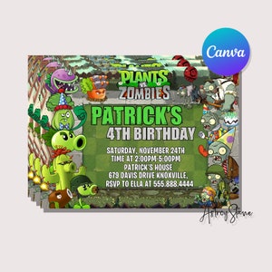 Invitación de Plantas contra Zombies, Cumpleaños de Plantas contra Zombies, Fiesta de Plantas contra Zombies, Descarga instantánea, Plantilla de Canva editable e imprimible