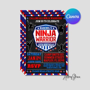 Digitaler Geburtstag, Ninja Krieger-Einladung, Ninja Krieger-Geburtstagsfeier, Kindereinladung, Sofort-Download, Druckbare bearbeitbare Canva-Vorlage