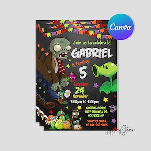 Cumpleaños digital, invitación de Plants Vs Zombies, fiesta de cumpleaños de Plants Vs Zombies, descarga instantánea, plantilla de Canva editable imprimible