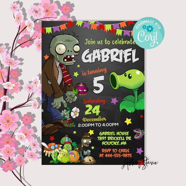 Digital Birthday Invitation,Kids Birthday Party,Plants Vs Zombies Invititation,Kids Invitation,Instant Download