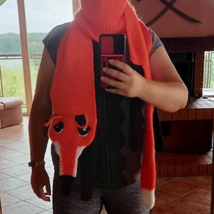 Crochet Fox Scarf: Faux Faux Fur Wrap Stole Brown Geek Red Neck Print Shawl  - red  Keyhole fun easy kids, fox stole, woodland animal theme