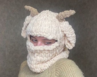 Cagoule amusante en forme de chèvre kozachka en diable d'agneau bélier / Bonnet d'hiver chaud / Cagoule avec oreilles / Crazy / Bonnet tricoté à la main avec oreilles, masque de ski