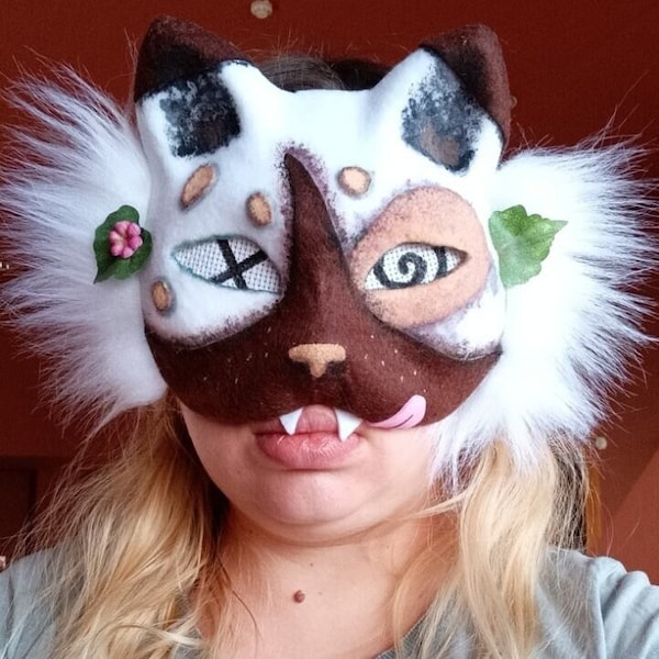 Therian cat mask   felted mask with eye mesh Mountain cat mask