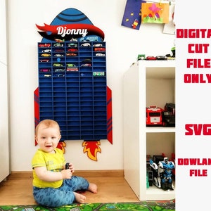 Aangepaste Auto rack raket eps svg dxf cdr, Parking voor Hot Wheels vector cut bestand, Opslag voor auto vector model cnc-bestand, Wood Truck