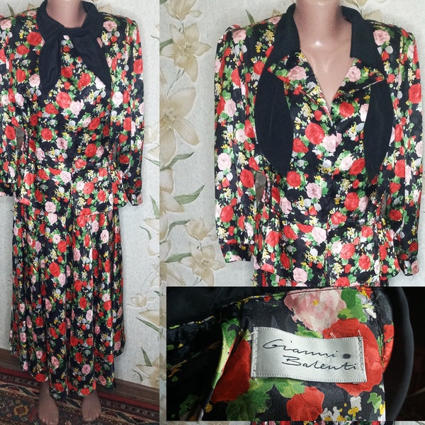 Falda de traje vintage con suéter vestido de los años 80 y 90 Gianni Balenti Conjunto de falda negra de los años 80 / estampado de flores Hecho en Inglaterra