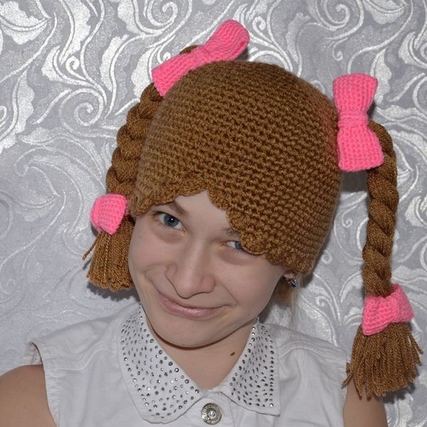 Funny hat wig girl with two ponytails / warm winter / hand-knitted crochet hat for children. Cabbage Patch Kids Hat - These hats are