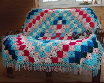 Crochet Afghan Blanket, Granny Square Bedspread Throw, Patchwork Knitted sofa blanket, large crochet blanket, vintage, retro