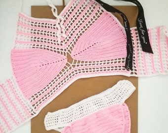 Hippie Crochet Maillots de bain Fait à la main Boho Bikini Beachwear Poolside Vacances Fait à la main Crochet Bikini Set rose