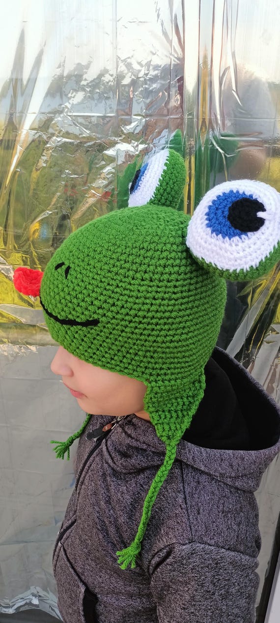 Frog brooch beanie green fashion hat New hand crochet by me Crochet Frog Hat Pattern - Repeat Crafter Me main image 4