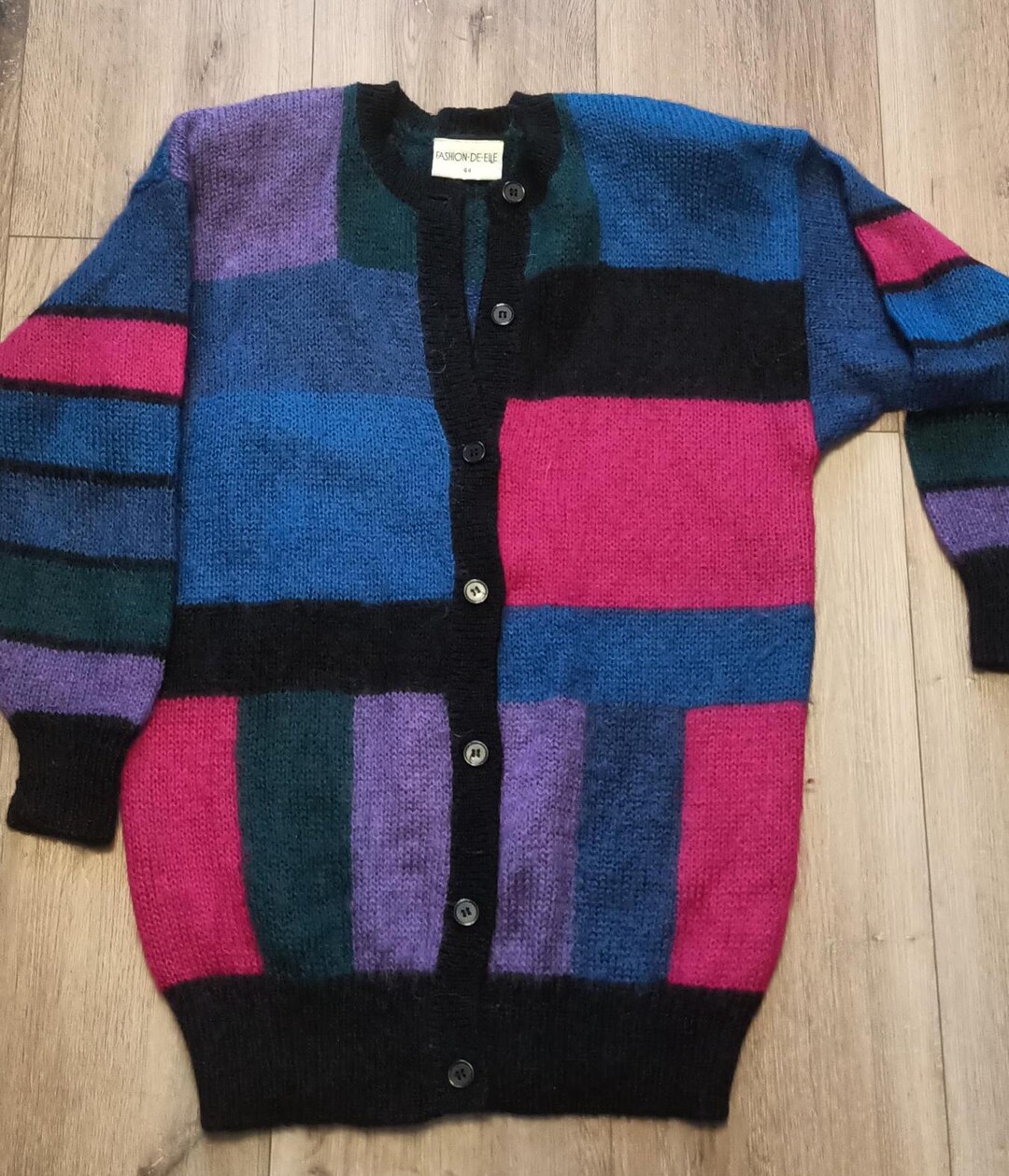 VINTAGE Cardigan Colorful Fashion De Elle Size 44 Patchwork Mohair