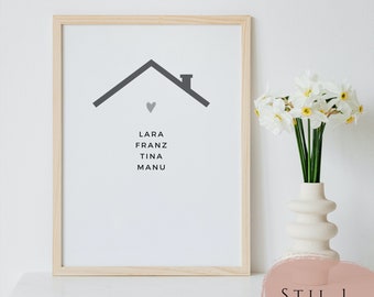 Poster Familie Hausdach personalisiert / Familienposter / Geschenk Hochzeit Einzug Geburt Geburtstag / Zuhause / Muttertag Vatertag