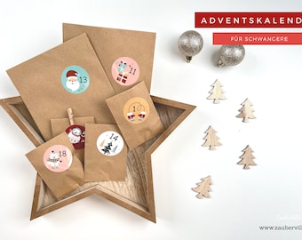 May include: A brown star-shaped tray with brown paper bags and round stickers with numbers and Christmas illustrations. The stickers have numbers 1, 11, 13, 14, and 18. The text "ADVENTSKALENDER FÜR SCHWANGERE" is visible in the top right corner of the image.