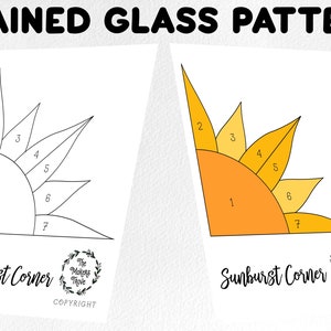 May include: A black and white line drawing of a sunburst corner pattern with numbers 1 through 7. The pattern is labeled "Sunburst Corner" with a copyright symbol and the text "The Makers Thrive". A colored version of the pattern is shown on the right side of the image with orange, yellow, and white colors.