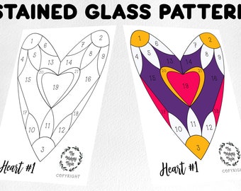 Puede incluir: Un patrón de vitral imprimible de un corazón con secciones numeradas. El patrón está listo para ser coloreado con marcadores, crayones o pintura. La imagen incluye el texto "Heart #1" y "The Makers Thrive" con un símbolo de copyright.
