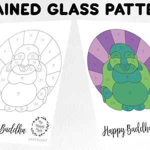 May include: A black and white line art pattern of a happy Buddha with numbers 1 through 35 in each section. The text "Happy Buddha" is at the bottom of the image. The text "The Makers Tribe" is in a circle with leaves around it. The text "COPYRIGHT" is below the circle.