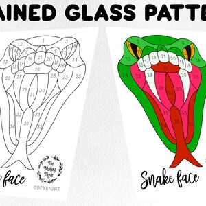 Op de afbeelding: Een zwart-witte lijntekening van een slangenk kop met genummerde secties, en een gekleurde versie van dezelfde afbeelding met groene, rode en roze secties.