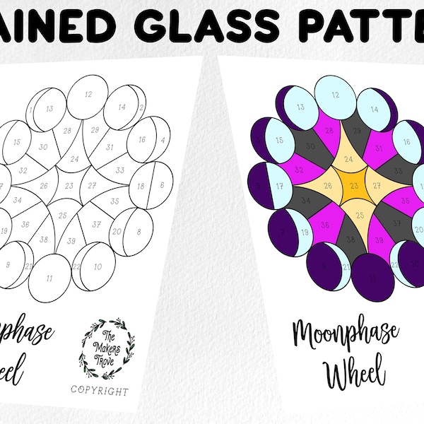 月の満ち欠けを描いたステンドグラスの模様、サンキャッチャーのデザイン（デジタルダウンロード）