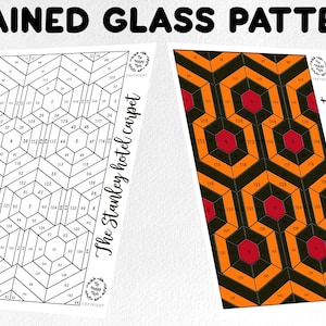 May include: A black and white stained glass pattern of the Stanley Hotel carpet. The pattern is numbered 1 through 142. The pattern is a geometric design with hexagons and triangles.