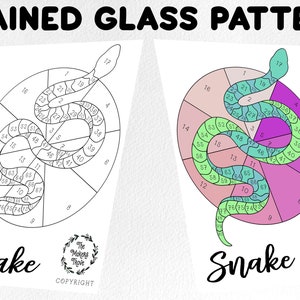 May include: Two printable snake-themed stained glass patterns. One is a black and white outline, and the other is a colored version with pink, green, and purple hues. The word "Snake" is written below each image.