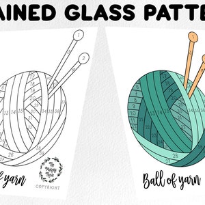 May include: A black and white stained glass pattern of a ball of yarn with two knitting needles. The pattern is numbered 1 through 39. The text "Ball of yarn" and "COPYRIGHT" are at the bottom of the image.  A second image shows the same pattern in shades of teal and aqua.