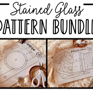 May include: Two stained glass pattern templates for a camera and a Polaroid camera. The patterns are printed on white paper and include numbered sections for cutting and assembling.
