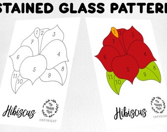 May include: Two hibiscus flower designs for stained glass patterns. One is a black and white outline, the other is coloured red, green, and yellow. Each design is labelled with numbers and the word "Hibiscus". The text "STAINED GLASS PATTERN" is at the top.
