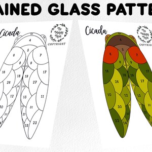 May include: A black and white stained glass pattern of a cicada insect with numbered sections for coloring. The pattern is labeled "Cicada" and includes the text "The Makers Trove Copyright".