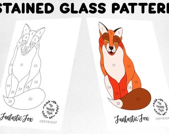 May include: A printable stained glass pattern of a fox with 30 numbered sections. The fox is sitting with its tail curled around its legs. The pattern is labelled "Fantastic Fox" and includes a copyright notice for "The Makers Thrive".