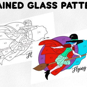 Stained glass pattern, stained glass flying witch pattern, Digital download, sun catcher pattern, stained glass artist HOBBY LICENSE