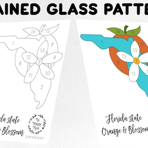 May include: A black and white outline of the state of Florida with an orange and a blossom inside. The outline is numbered 1-15. The text "Florida state Orange & Blossom" is below the image. The text "The Makers Thrive COPYRIGHT" is below the text.