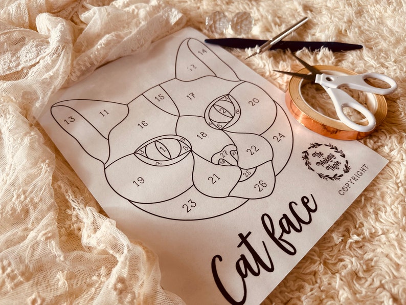 May include: A black and white printable template for a stained glass cat face. The template is numbered 1 through 28, with each number representing a different piece of glass. The template is on a white background.