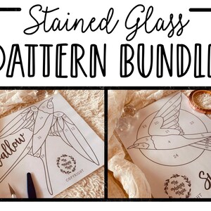 May include: Two stained glass pattern sheets featuring a swallow and a swift. The patterns are numbered and ready to be used for a stained glass project.