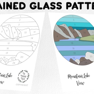 Stained glass pattern, Digital download, mountain lake view stained glass pattern, sun catcher pattern, stained glass artist HOBBY LICENSE
