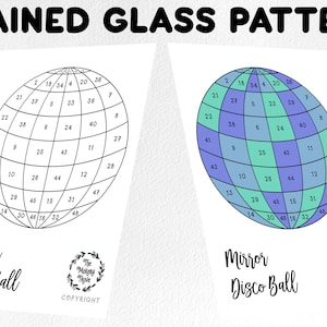 May include: A black and white line drawing of a disco ball with numbered sections, and a colored version of the same disco ball with blue and green sections. The text "Mirror Disco Ball" is below each image.